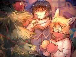  2girls :3 alternate_costume animal_ear_fluff animal_ears black_hair blonde_hair blue_coat blue_hat box candy candy_cane chinese_commentary christmas christmas_ornaments christmas_present christmas_tree closed_mouth coat commentary_request decorating_christmas_tree food fox_ears fox_girl gift gift_box hair_between_eyes hand_up hat highres holding_ornament iizunamaru_megumu kudamaki_tsukasa long_hair long_sleeves medium_hair mittens molajiyan multiple_girls open_mouth pointy_ears red_eyes red_mittens red_scarf scarf sidelocks smile tokin_hat touhou upper_body white_coat white_scarf yellow_eyes 