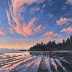  acrylic_paint_(medium) beach canada colorful_clouds commentary english_commentary evening forest jimmusilpainter landscape nature no_humans original outdoors painting_(medium) pine_tree real_world_location reflection scenery shore traditional_media tree 