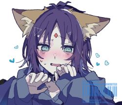  1girl @_@ animal_ears blue_hoodie cho_kaguya-hime! commentary_request forehead_jewel fox_ears fox_girl green_eyes heart higano_(higano25) hood hood_down hoodie long_sleeves medium_hair purple_hair sakayori_iroha sakayori_iroha_(tsukuyomi) solo 