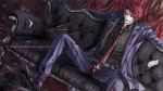  black_battler blood couch cross dark_persona english formal highres injury kaoru male necktie ougon_musou_kyoku purple red_eyes red_hair redhead shoes sitting smile solo suit torn_clothes umineko_no_naku_koro_ni ushiromiya_battler 