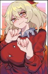  1girl aki_shizuha blonde_hair border breasts buttons collared_shirt commentary_request dress hair_ornament large_breasts leaf leaf_hair_ornament long_sleeves looking_at_viewer maple_leaf no_nose paw_pose red_dress shirt short_hair smile solo touhou white_border yellow_eyes yukine_0930 