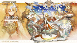  1boy 1girl alchemy_stars armor armored_boots bird black_skirt blonde_hair boots cape character_name commentary copyright_logo copyright_notice cuirass different_zoom_layer dress english_commentary flag full_body gauntlets headpiece highres holding holding_sword holding_weapon irridon_(alchemy_stars) irridon_(fiat_iustitia)_(alchemy_stars) logo long_hair official_art projected_inset scar_on_thigh skirt sword two-sided_fabric weapon white_bird white_cape white_dress yellow_eyes zoom_layer 