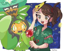  2girls :d blue_background border brown_eyes brown_hair candy_apple character_mask colored_skin commentary_request cross-laced_clothes cross-laced_sleeves fangs food green_mask green_shirt highres holding holding_candy_apple holding_food holding_mask japanese_clothes jinbei_(clothes) juliana_(festival_jinbei)_(pokemon) looking_at_object mask mask_on_head multiple_girls ogerpon ogerpon_(teal_mask) open_mouth orange_skin pokemon pokemon_(creature) pokemon_scarlet_and_violet sandora_(karugamo_no_e) shirt side_ponytail simple_background smile standing star-shaped_pupils star_(symbol) symbol-shaped_pupils white_border yellow_eyes 