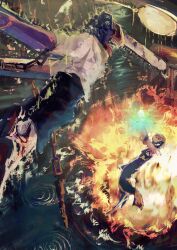  1boy 1girl absurdres apron battle black_pants bomb_hybrid_(chainsaw_man) chain chainsaw chainsaw_man chainsaw_man_(character) denji_(chainsaw_man) dynamite elbow_gloves explosion explosion_background explosive from_above gloves highres multiple_weapons neck_ribbon night object_head object_on_head pants perspective rain reze_(chainsaw_man) ribbon sharp_teeth shikikey shirt shoes snapping_fingers teeth transformation water_drop weapon white_shirt 
