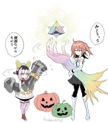  2girls ahoge artist_name black_pantyhose boots daedalus_(fate) dress fate/grand_order fate_(series) fujimaru_ritsuka_(female) fujimaru_ritsuka_(female)_(normal_chaldea_uniform) highres jack-o'-lantern kauderni01356 light_bulb multiple_girls naucrate_(fate) one_side_up orange_hair pantyhose saint_quartz_(fate) smile white_background white_boots white_dress white_hair yellow_eyes 