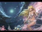  bikini blonde_hair breasts bustier cherry_blossoms cleavage cloud clouds foliage janna_windforce league_of_legends long_hair magic navel petals ribbon shiny shiny_skin solo staff swimsuit tiara 