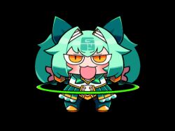  1girl :3 :d animated animated_gif blush boots bow chibi chibi_only closed_eyes closed_mouth commentary_request full_body g-14_iyo green_boots green_bow green_skirt hair_bow hair_intakes hula_hoop long_hair looping_animation mahjong_fight_girl open_mouth pleated_skirt shirt simple_background skirt smile solo standing tonchamon_san twintails white_shirt yellow_eyes 