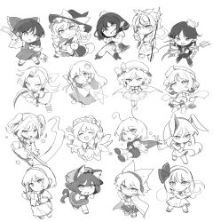  6+girls :d ^_^ absurdres alice_margatroid animal_ears antennae asymmetrical_wings bad_id bad_twitter_id bat_wings bishamonten's_pagoda bishamonten's_spear bow braid camera cape cat_ears cat_girl chen chibi chibi_only closed_eyes closed_mouth detached_sleeves dress fairy_wings flower frog_hair_ornament gohei greyscale hagoromo hair_bobbles hair_ornament hair_tubes hairband hakurei_reimu hat hat_bow highres himemushi_momoyo holding holding_camera holding_gohei holding_megaphone holding_ofuda holding_pickaxe holding_pole holding_scythe holding_shovel houjuu_nue kirisame_marisa kochiya_sanae konpaku_youmu konpaku_youmu_(ghost) letty_whiterock lily_white long_hair long_sleeves looking_at_viewer megaphone mob_cap monochrome multiple_girls ofuda onozuka_komachi open_mouth pentagram pickaxe pointy_ears pole polearm rabbit_ears rabbit_girl reisen_udongein_inaba remilia_scarlet ritual_baton sarukana scarf scythe shameimaru_aya sharp_teeth shawl shirt short_hair shorts shovel side_braid single_braid single_hair_tube skirt sleeveless sleeveless_shirt smile snake_hair_ornament spear teeth toramaru_shou touhou toyosatomimi_no_miko trident two_side_up vest weapon white_background wide_sleeves wings witch_hat wriggle_nightbug 