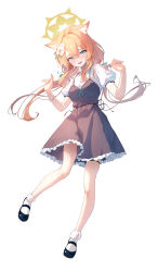  1girl absurdres alternate_costume animal_ear_fluff animal_ears black_dress blue_archive blue_eyes breasts cat_ears cat_girl chiu538 commentary dress floating_hair flower full_body hair_flower hair_ornament halo highres low_twintails mari_(blue_archive) mary_janes medium_breasts orange_hair puffy_short_sleeves puffy_sleeves shirt shirt_under_dress shoes short_sleeves simple_background solo spaghetti_strap standing standing_on_one_leg twintails white_background white_flower white_shirt yellow_halo 