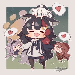  4girls :d ameya_(kappadoll) animal_ear_fluff animal_ears black_hair blush blush_stickers border brown_hair cat_ears cat_girl cat_tail chibi chibi_only closed_eyes closed_mouth commentary_request dog_ears dog_girl dog_tail fox_ears fox_girl fox_tail full_body gradient_background green_background heart hololive hood hood_down hoodie inugami_korone long_hair multiple_girls nekomata_okayu on_head ookami_mio open_mouth outline outside_border pantyhose person_on_head purple_hair shirakami_fubuki shoes short_hair shorts signature smile spoken_heart standing tail thick_eyebrows twitter_username very_long_hair virtual_youtuber white_border white_hair white_outline wolf_ears wolf_girl wolf_tail 