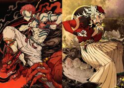  2boys akaza_(kimetsu_no_yaiba) arm_tattoo belt brown_belt bug butterfly chest_tattoo commentary_request douma_(kimetsu_no_yaiba) facial_tattoo flower hand_fan highres iririmari kimetsu_no_yaiba long_hair lotus multicolored_eyes multiple_boys muscular muscular_male pants rainbow_eyes red_hair short_hair tassel tattoo white_pants 