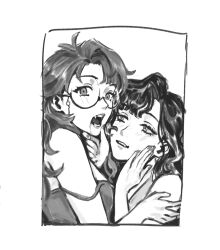 2girls border camisole fangs fingernails glasses greyscale hand_on_another's_chin hand_on_another's_shoulder hand_on_own_cheek hand_on_own_face highres isolde_(reverse:1999) kakania_(reverse:1999) long_hair looking_at_another looking_at_viewer looking_to_the_side monochrome multiple_girls nail_polish noriiikonbu open_mouth parted_lips reverse:1999 round_eyewear smile spaghetti_strap strap_slip upper_body yuri 