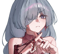  1girl absurdres bandage_over_one_eye bang_dream! bang_dream!_it's_mygo!!!!! bare_shoulders blue_eyes closed_mouth commentary crossed_fingers earrings grey_hair highres jewelry long_hair nail_polish parody pendr_a_gon phrolova_(wuthering_waves) portrait red_nails simple_background solo untranslatable_commentary wakaba_mutsumi white_background wuthering_waves 