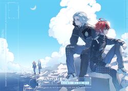  2boys adapted_costume ahoge aotsuki_eito arms_behind_back artist_name bag black_gloves black_hair black_jacket black_pants blue_eyes blue_jacket blue_pants blue_sky chinese_commentary clouds commentary_request crescent_moon cumulonimbus_cloud day glasses gloves hand_on_own_cheek hand_on_own_face high_collar holding holding_behind_back jacket male_focus moon moon_in_daylight multicolored_hair multiple_boys ocean outdoors pandasiren pants red_hair sample_watermark school_bag shoes sitting sky sneakers streaked_hair sumino_takumi the_hundred_line_-last_defense_academy- two-tone_hair watermark white_shoes 