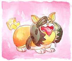  afterimage border calonarang closed_eyes commentary dog english_commentary fangs full_body galarian_stunfisk highres motion_lines no_humans one_eye_covered open_mouth pink_background pokemon pokemon_(creature) pokemon_focus saliva smile sparkle tail tail_wagging tongue tongue_out white_border yamper 