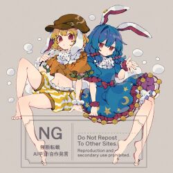  2girls animal_ears barefoot blonde_hair bloomers blue_dress blue_hair brown_hat commentary_request crescent_print dango dress earclip eating flat_cap floppy_ears food full_body hat highres holding long_hair looking_at_viewer midriff multiple_girls navel nikorashi-ka orange_shirt puffy_short_sleeves puffy_sleeves rabbit_ears rabbit_girl red_eyes ringo_(touhou) seiran_(touhou) shirt short_hair short_sleeves shorts simple_background skewer star_(symbol) star_print striped_clothes striped_shorts toes touhou vertical-striped_clothes vertical-striped_shorts wagashi watermark white_bloomers yellow_shorts 
