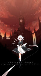  1girl absurdres adapted_costume ahoge apron black_dress black_shoes bow character_name clock clock_tower commentary dress embodiment_of_scarlet_devil floating_knives grey_hair highres holding holding_knife izayoi_sakuya knife lemonice looking_ahead looking_at_viewer mansion medium_hair puffy_short_sleeves puffy_sleeves red_eyes red_sky scarlet_devil_mansion shoes short_sleeves sky smile solo touhou tower waist_apron waist_bow walking white_apron white_bow 
