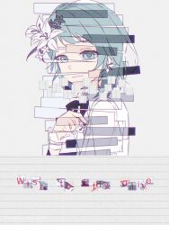  1girl aqua_eyes aqua_hair bang_dream! bang_dream!_our_notes chinese_commentary closed_mouth commentary_request flower grey_background hair_flower hair_ornament hand_up highres jishi_wangji_ruhe_qu_ai looking_at_viewer medium_hair piano_keys sawami_kanata solo spoilers upper_body 