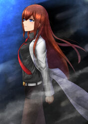  1girl absurdres belt black_pantyhose black_shirt blue_eyes breasts closed_mouth collared_shirt commentary_request cowboy_shot hair_between_eyes highres lab_coat long_hair long_sleeves looking_to_the_side makise_kurisu medium_breasts necktie open_clothes pantyhose red_hair red_necktie science_adventure shirt sidelocks solo standing steins;gate taba_neruko very_long_hair white_belt 