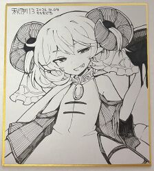  1girl artist_name commentary_request curly_hair dated detached_sleeves dress earrings greyscale grin highres holding holding_spoon hoop_earrings horn_ornament horn_ribbon horns jewelry looking_at_viewer modokith monochrome oversized_object petroleum photo_(medium) pointy_ears ribbon sheep_horns shikishi smile solo spoon touhou toutetsu_yuuma traditional_media translation_request 
