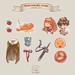  1boy 1girl :i absurdres alternate_costume anger_vein animal_ear_fluff animal_ears apple arm_shield armor armored_boots artist_logo artist_name balloon_(tate_no_yuusha_no_nariagari) black_dress black_hair black_shirt boots brown_armor brown_boots brown_hair brown_jacket bun_(food) butter chest_guard chibi chibi_only cloak closed_eyes commentary dress english_commentary english_text food fruit fur-trimmed_armor fur-trimmed_boots fur-trimmed_cloak fur_trim green_cloak grey_background grey_boots hair_between_eyes highres holding holding_sword holding_weapon honey honey_dipper iwatani_naofumi jacket jar knee_boots layered_dress leather_armor legendary_shield_(small_shield)_(tate_no_yuusha_no_nariagari) legendary_shield_(tate_no_yuusha_no_nariagari) logo long_hair long_sleeves messy_hair metal_wrist_cuffs multicolored_boots neck_ribbon open_mouth outline plewithme polka_dot polka_dot_background puffy_cheeks raccoon_ears raccoon_girl raccoon_tail raphtalia red_dress red_eyes red_ribbon ribbon scabbard sheath sheathed shirt short_dress short_hair short_sleeves sigh sitting sleeveless sleeveless_dress standing straight_hair sweatdrop sword tail tanuki tassets tate_no_yuusha_no_nariagari teeth thigh_boots two-tone_boots two-tone_dress upper_teeth_only v-shaped_eyebrows watermark weapon white_background white_dress white_outline 