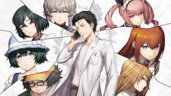  3boys 5girls akiha_rumiho amane_suzuha black_hair blonde_hair blue_eyes blue_hat braid breast_pocket brown_eyes brown_pants fat glasses green_hair grey_hair hashida_itaru hat highres holding holding_phone kiryuu_moeka lab_coat long_hair maid maid_headdress makise_kurisu multiple_boys multiple_girls object_in_pocket okabe_rintarou orange_hair pants pen_in_pocket phone pink_eyes pink_hair pocket science_adventure shiina_mayuri shirt shirt_partially_tucked_in short-hair smile steins;gate t-shirt taba_neruko trap twin_braids twintails urushibara_luka white_shirt yellow_eyes yellow_hat 