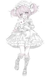  1girl 1other :3 alternate_costume blush bow bow_choker bubble_skirt choker collarbone colored_skin criss-cross_straps crossed_bangs double-parted_bangs dress frilled_dress frilled_socks frills full_body hair_between_eyes hair_bow head_tilt headdress highres hug kaname_madoka kitty_17a kyubey layered_dress mahou_shoujo_madoka_magica mahou_shoujo_madoka_magica_(anime) no_nose open_mouth pink_eyes pink_hair red_eyes shoes short_dress short_hair short_twintails simple_background skirt socks solo twintails white_background white_bow white_dress white_headdress white_shoes white_skin 