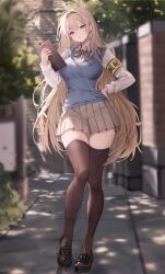  1girl 9hun_(wxw_hye) absurdres armband black_shoes blonde_hair blue_sweater_vest blurry bow bowtie breasts brown_skirt brown_thighhighs clipboard collared_shirt commission day depth_of_field full_body green_eyes hairband hand_on_own_hip highres holding holding_clipboard large_breasts loafers long_hair long_sleeves looking_at_viewer miniskirt open_mouth original outdoors pleated_skirt shirt shoes skirt solo sweater_vest thigh-highs very_long_hair white_shirt zettai_ryouiki 