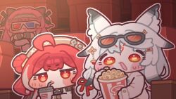  3d_glasses 3girls animal_ear_fluff animal_ears blush_stickers brown_hat closed_mouth commentary_request cup disposable_cup drinking_straw eyewear_on_head food fox_ears fox_girl hat highres holding holding_cup hsin_(wuthering_waves) jitome korean_commentary long_hair long_sleeves lupa_(wuthering_waves) monyami movie_theater multiple_girls open_mouth orange_eyes outline pink_hair popcorn popcorn_bucket red_hair shirt sunglasses suoming_(wuthering_waves) theater_seating v-shaped_eyebrows white_hair white_outline white_shirt wuthering_waves 