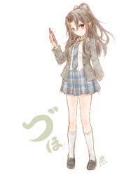  1girl alternate_costume blazer blue_necktie blue_skirt brown_eyes brown_hair cellphone character_name collared_shirt commentary_request dated_commentary dress_shirt full_body grey_jacket jacket kantai_collection koshigaya_tatsumi looking_at_viewer necktie one-hour_drawing_challenge phone plaid_clothes plaid_necktie plaid_skirt pleated_skirt ponytail school_uniform shirt simple_background skirt socks solo white_background white_shirt white_socks zuihou_(kancolle) 
