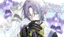  1boy aqua_streaks asymmetrical_hair biting biting_glove black_gloves blue_background bow bowtie commentary curtained_hair english_commentary gloves hair_between_eyes hands_up happy_birthday highres jacket kamishiro_rui kitsuruii letterboxed long_sleeves male_focus multicolored_hair outline outside_border parted_bangs project_sekai purple_bow purple_bowtie purple_hair smile solo star_balloon streaked_hair two-tone_bow two-tone_bowtie upper_body white_jacket white_outline yellow_bow yellow_bowtie yellow_eyes 