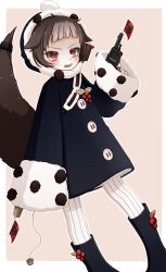  1girl animal_hood black_boots blush boots brown_hair commentary_request fang grey_hair gun highres holding holding_gun holding_weapon hood magical_girl mahou_shoujo_ikusei_keikaku mahou_shoujo_ikusei_keikaku_aces multicolored_hair pantyhose pink_background qoo_1025 red_eyes short_hair striped_clothes striped_pantyhose tail toy_gun ururu_(mahoiku) vertical-striped_clothes vertical-striped_pantyhose weapon 