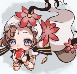  1girl apple blue_eyes blush brown_hair commentary_request earrings floating flower food fruit genie holding holding_food holding_fruit jewelry magical_girl mahou_shoujo_ikusei_keikaku mahou_shoujo_ikusei_keikaku_limited one-hour_drawing_challenge open_mouth qoo_1025 red_flower short_hair tepsekemei 