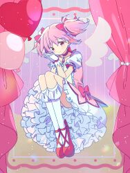 1girl absurdres balloon chest_jewel closed_mouth commentary_request frills full_body gem gloves heart heart_balloon highres kaname_madoka kaname_madoka_(magical_girl) looking_at_viewer magical_girl mahou_shoujo_madoka_magica mahou_shoujo_madoka_magica_(anime) pink_eyes pink_gem pink_hair red_shoes ruru_(rurumagi) shoes short_hair short_sleeves short_twintails smile socks solo soul_gem_(madoka_magica) twintails white_gloves white_socks
