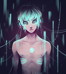  1boy absurdres android aqua_eyes aqua_hair collarbone elentori genderswap genderswap_(ftm) hatsune_miku hatsune_mikuo highres looking_at_viewer male_focus multicolored_hair navel nipples roots_(hair) short_hair skinny solo topless_male upper_body vocaloid 