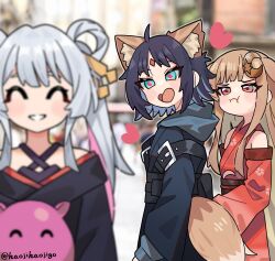  3girls ^_^ ahoge animal_ear_fluff animal_ears black_hair black_kimono blue_hair blue_hoodie blue_kimono blurry blurry_background blush brown_eyes brown_hair cho_kaguya-hime! closed_eyes closed_mouth clothing_cutout colored_inner_hair commentary commentary_request crescent crescent_hair_ornament distracted_boyfriend_(meme) forehead_jewel fox_ears fox_girl fox_tail green_eyes grey_hair hair_ornament hair_rings hair_stick haojihaojigo heart heart-shaped_pupils highres hood hood_down hoodie japanese_clothes jealous kaguya_(cho_kaguya-hime!) kaguya_(tsukuyomi)_(cho_kaguya-hime!) kimono long_hair long_sleeves meme multicolored_hair multiple_girls nail_polish off_shoulder open_mouth outside_border pink_hair pout rabbit_ears rabbit_girl red_kimono runami_yachiyo runami_yachiyo_(tsukuyomi) sakayori_iroha sakayori_iroha_(tsukuyomi) shoulder_cutout symbol-shaped_pupils tail white_hair yuri 