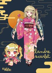  1girl absurdres alternate_costume bat_hair_ornament blonde_hair brown_sandals brown_sash candy_apple character_name chibi chibi_inset commentary_request crystal crystal_wings egasumi flandre_scarlet floral_print floral_print_kimono food hair_ornament highres holding holding_candy_apple holding_food japanese_clothes kimono long_hair long_sleeves looking_at_viewer missing_headwear multicolored_wings multiple_views obi obijime one_side_up pink_kimono platform_sandals pointy_ears print_kimono red_eyes sandals sash socks tabi tamagogayu1998 touhou white_socks wide_sleeves wings 