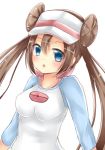  blush brown_hair double_bun female_protagonist_(pokemon_bw2) long_hair mei_(pokemon) open_mouth pokemon pokemon_(game) pokemon_bw2 raglan_sleeves solo tam-out_(datam) twintails visor_cap 