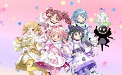  6+girls a-q_(madoka_magica) akemi_homura anime_coloring artist_request belt belt_buckle black_hair black_shirt blonde_hair blue_belt blue_eyes blue_hair boots bow braid braided_twintails buckle buttons card_commentary closed_mouth commentary creature_on_head dot_nose double_bun dress drill_hair feet_out_of_frame full_body game_asset gradient_background hair_between_eyes hair_bow hair_bun hair_ornament hairband hairclip hand_on_own_chest hand_on_own_head hand_on_own_hip happy heart helmet highres holy_quintet hood hood_down hooded_jacket jacket jitome kaname_madoka light_blush light_particles long_hair long_sleeves mahou_shoujo_madoka_magica mahou_shoujo_madoka_magica_magia_exedra miki_sayaka miniskirt multiple_girls namae_(magia_exedra) nighthawk_(madoka_magica) official_alternate_costume official_art one_eye_closed open_belt open_mouth pantyhose pink_background pink_belt pink_bow pink_eyes pink_hair pink_pantyhose pink_skirt pocket puffy_long_sleeves puffy_sleeves purple_background purple_belt purple_bow purple_hairband purple_pantyhose red_belt red_eyes red_hair rocket sakura_kyoko shirt shirt_under_dress shoes short_dress short_hair short_twintails side_ponytail sidelocks single_side_bun skirt skirt_under_dress sleeve_belt smile sneakers space_helmet star_(symbol) star_hair_ornament star_symbol_background tareme thigh_strap third-party_source tomoe_mami tsurime turtleneck turtleneck_shirt twin_drills twintails two-tone_background v violet_eyes white_boots white_dress white_jacket yellow_belt yellow_eyes yellow_pantyhose zipper zipper_pull_tab 