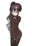  bad_id black_hair black_legwear blush brown_eyes glasses hand_on_own_chest long_hair original pantyhose ribbed_sweater side_ponytail simple_background skull.03 sleeves_past_wrists solo sweater sweater_dress thigh_gap thighs turtleneck white_background 