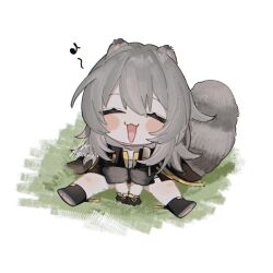  1girl ^_^ absurdres animal_ears artist_name badge black_boots black_gloves black_jacket black_skirt blush_stickers boots chibi chibi_only closed_eyes commentary eyelashes facing_viewer full_body gloves grass grey_hair hair_between_eyes happy heart highres honkai:_star_rail honkai_(series) ieririr jacket kemonomimi_mode long_hair long_sleeves miniskirt open_clothes open_jacket open_mouth raccoon_ears raccoon_girl raccoon_tail shadow shirt sidelocks signature simple_background sitting skirt smile solo spread_legs stelle_(honkai:_star_rail) t-shirt tail thigh_strap trailblazer_(honkai:_star_rail) untranslatable_commentary white_background white_shirt 