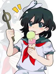  1girl anchor_symbol black_hair blush_stickers collared_shirt commentary_request food green_eyes hat highres hishaku ice_cream ladle licking mini_hat murasa_minamitsu neckerchief red_neckerchief shirt short_hair short_sleeves sideways_hat solo tongue tongue_out touhou white_background white_hat white_shirt xgaiijanai 