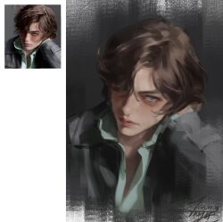  1boy black_jacket blue_eyes brown_hair green_shirt highres jacket jiyub looking_at_viewer messy_hair open_collar pale_skin photo_inset real_life realistic shirt signature solo unbuttoned unbuttoned_shirt upper_body wavy_hair 