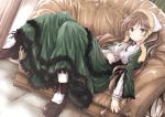  black_shoes brown_hair couch dress dutch_angle floor frills green_eyes hairband hand_on_stomach heterochromia long_hair looking_at_viewer red_eyes rozen_maiden shoes sitting solo suiseiseki tousen 