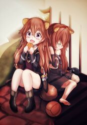  2girls :d absurdres alternate_eye_color animal_ear_fluff animal_ears ankle_boots back-to-back ball ball_and_chain_restraint bare_shoulders barefoot black_dress boots brown_boots brown_dress brown_hair chain chained child collar commentary_request crossed_bangs crying dress eating food gold_trim grey_dress hair_between_eyes hands_up highres holding holding_food iron_bars layered_dress leather leather_boots long_hair long_sleeves looking_at_food mao_jing medium_dress messy_hair metal_collar metal_wrist_cuffs multiple_girls pinstripe_dress pinstripe_pattern raccoon_ears raccoon_girl raphtalia raphtalia_(young) red_dress short_dress short_sleeves sitting slave smile soles tanuki tate_no_yuusha_no_nariagari time_paradox torn_clothes torn_dress two-tone_dress violet_eyes 