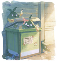  :d apple apple_core commentary day dumpster food fruit highres no_humans outdoors pokemon pokemon_(creature) pokemon_focus smile trash trubbish untranslatable_commentary ygsei 