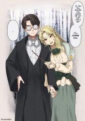  1boy 1girl black_hair black_robe blonde_hair cowboy_shot draco_malfoy_(redteneri) english_text glasses green_eyes harry_potter harry_potter_(series) highres holding holding_stick kaden08mm long_hair open_mouth robe short_hair speech_bubble stick sweatdrop watermark wizarding_world 