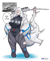  1girl absurdres aircraft animification artist_logo artist_name bandaid black_bodysuit black_pantyhose bodysuit breasts ekranoplan hair_over_eyes hands_on_own_hips highres jacket large_breasts logo lun-class_ekranoplan mecha_musume mechanical_tail medium_hair nisp_art open_clothes open_jacket original pantyhose personification photo_inset reference_inset sharp_teeth simple_background smile solo tail teeth torn_clothes torn_pantyhose vehicle_and_personification vehicle_focus white_background white_hair white_jacket 