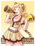 ;d animal_ears blonde_hair breasts cleavage drill_hair e20 hair_ornament hanshin_tigers holding mahou_shoujo_madoka_magica midriff navel nippon_professional_baseball open_mouth skirt smile solo striped striped_background tail tiger_ears tiger_tail tomoe_mami twin_drills vertical_stripes wink yellow_eyes 