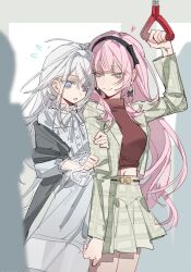  2girls bang_dream! bang_dream!_our_notes black_hairband breasts closed_mouth commentary dress earrings green_eyes green_jacket grey_eyes grey_scarf hairband highres izumi_houka jacket jackiemo0529 jewelry long_hair medium_breasts midriff multiple_girls navel open_clothes open_jacket people pink_hair plaid_clothes plaid_jacket plaid_skirt pleated_skirt scarf shiomi_hotaru skirt train_interior untranslatable_commentary white_dress white_hair 